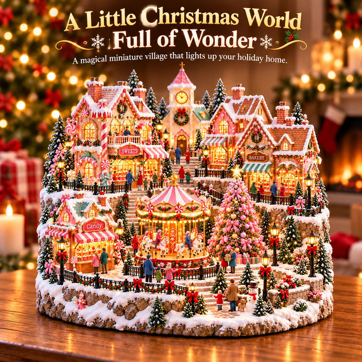 🎄 Candy Glow Pink Christmas Market Lighted Miniature Village 🎠