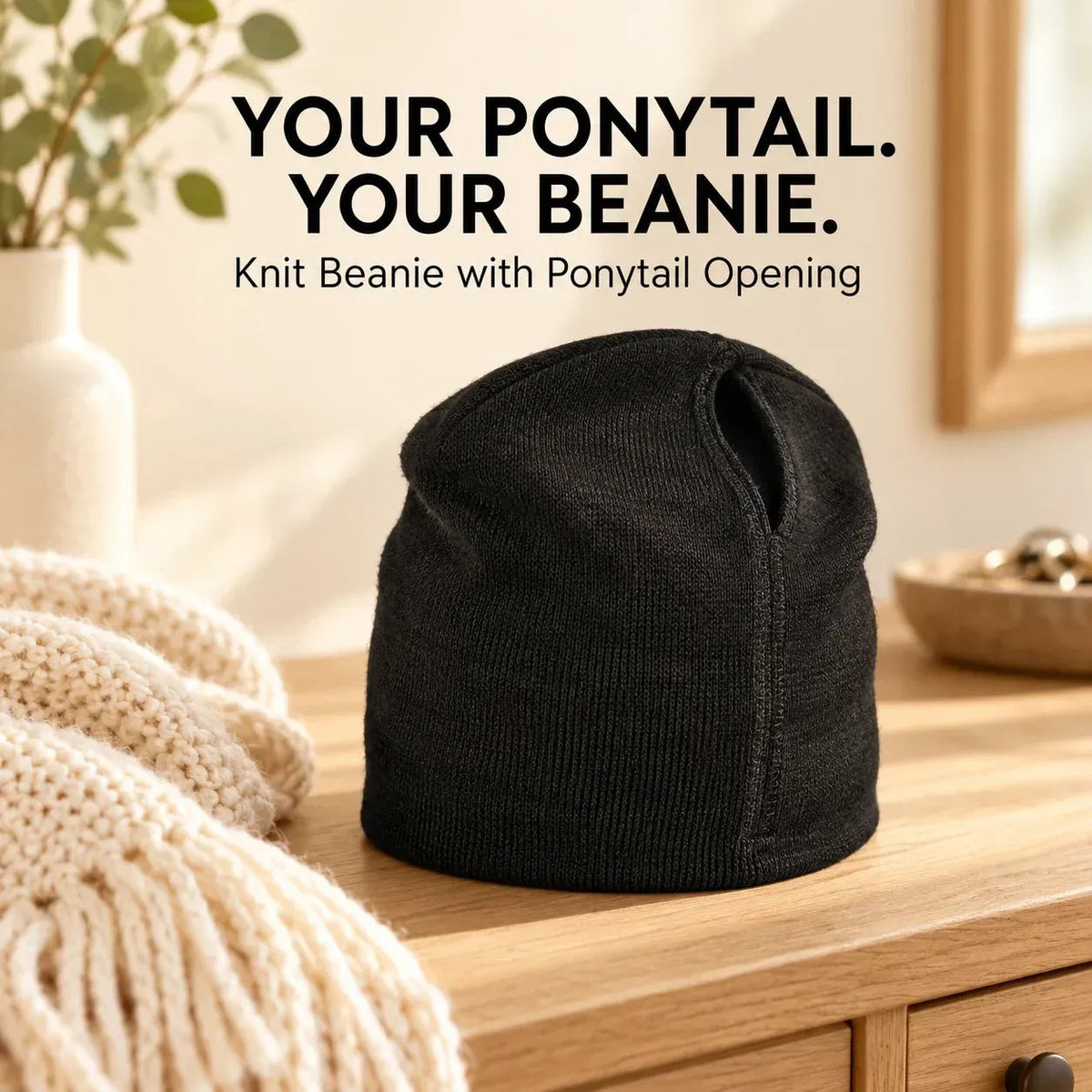 🤎 Ponytail Knit Beanie - Cute Slouchy Winter Hat with Hair Opening 🎀