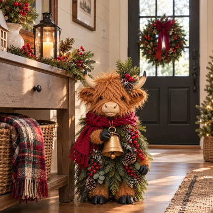 🎄 Christmas Highland Cow with Bell - Rustic Farmhouse Holiday Figurine with Evergreen Accents & Burgundy Scarf