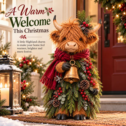 🎄 Christmas Highland Cow with Bell - Rustic Farmhouse Holiday Figurine with Evergreen Accents & Burgundy Scarf
