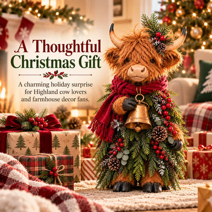 🎄 Christmas Highland Cow with Bell - Rustic Farmhouse Holiday Figurine with Evergreen Accents & Burgundy Scarf