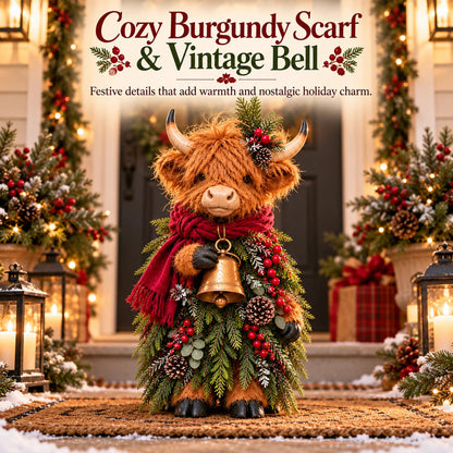 🎄 Christmas Highland Cow with Bell - Rustic Farmhouse Holiday Figurine with Evergreen Accents & Burgundy Scarf