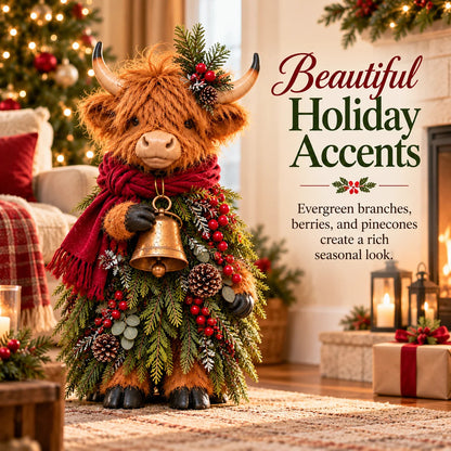 🎄 Christmas Highland Cow with Bell - Rustic Farmhouse Holiday Figurine with Evergreen Accents & Burgundy Scarf