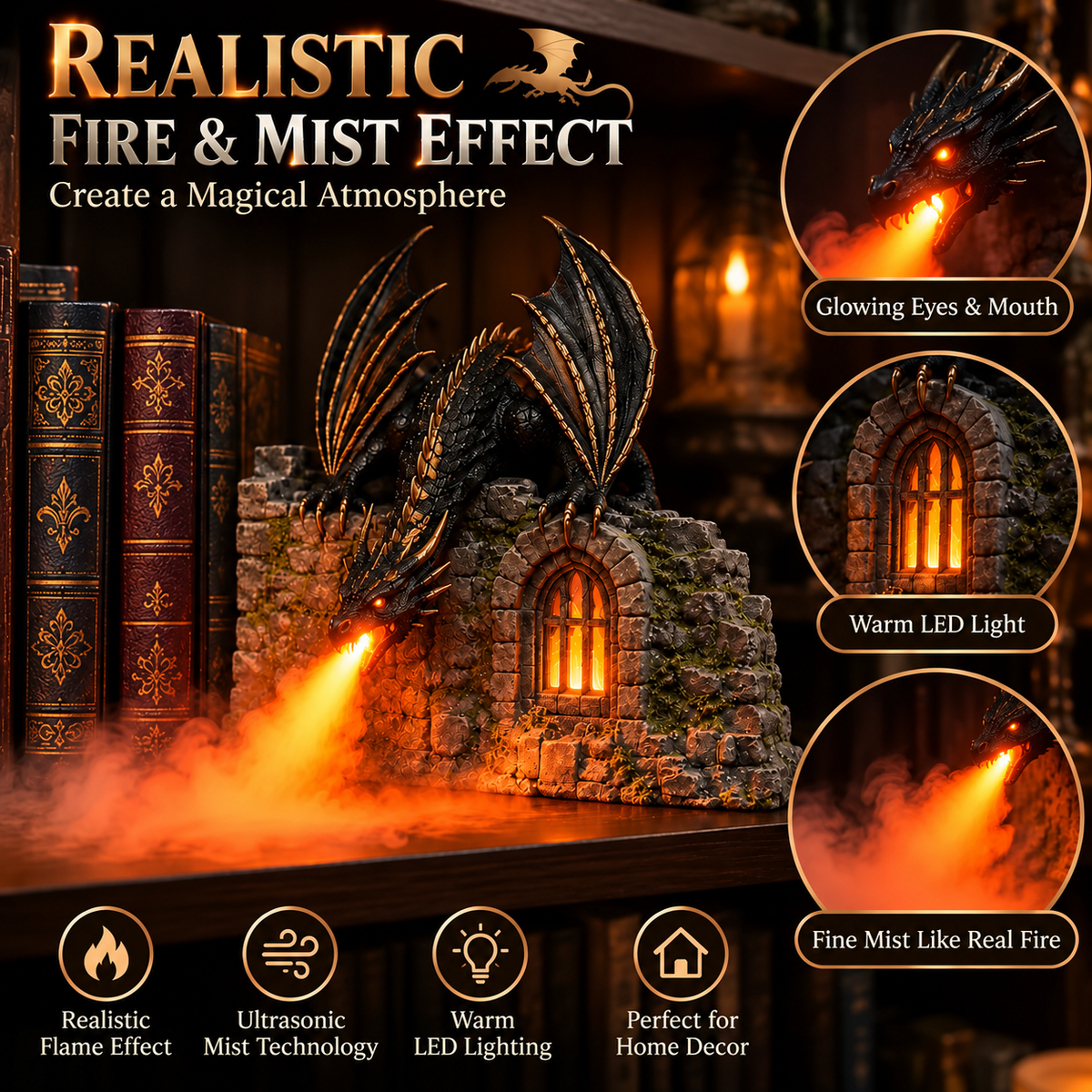 Dragon Humidifier with Flame Effect – A Touch of Fantasy Magic for Your Reading Nook
