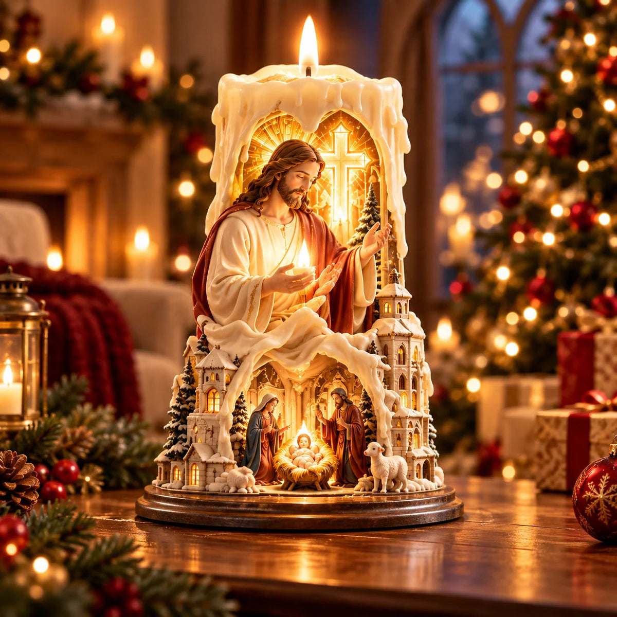 ✝️✨ Jesus Light of Faith™ – 3D Jesus Nativity Scented Candle with Glowing Cross | Christian Christmas Gift of Faith, Hope & Love