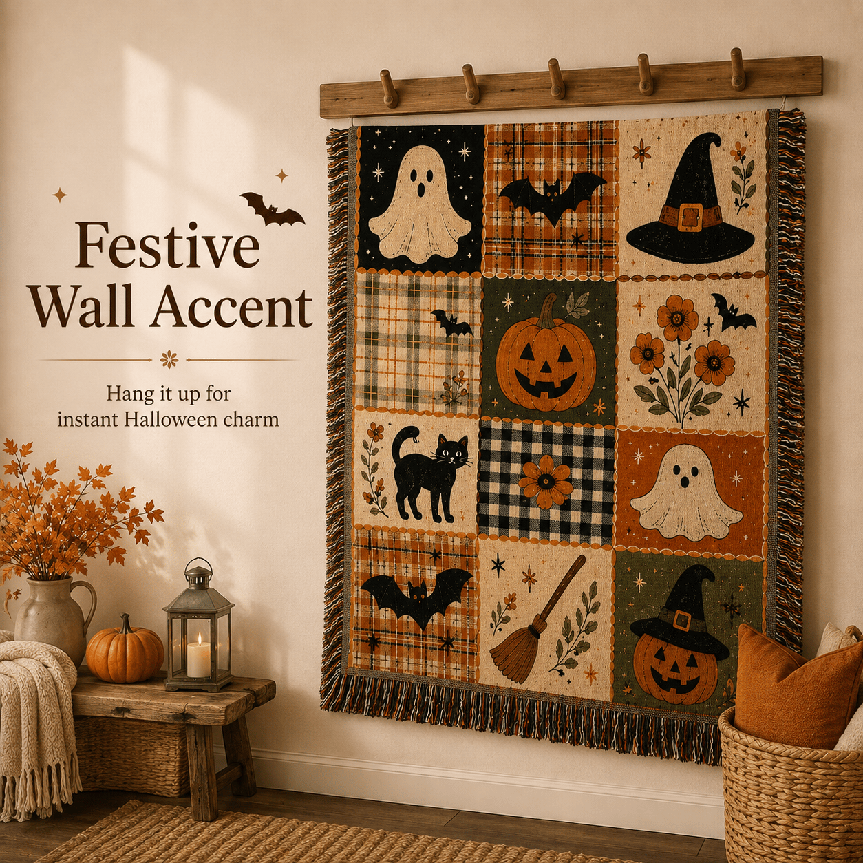 🎃 50% OFF Vintage Halloween Woven Throw 🍂 12-Tile Jacquard Blanket with Fringe