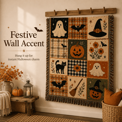 🎃 50% OFF Vintage Halloween Woven Throw 🍂 12-Tile Jacquard Blanket with Fringe