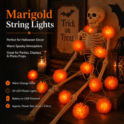 🎃 40% OFF Today 🌼 Orange Marigold LED String Lights – Light Up Your Halloween with a Warm Floral Glow ✨