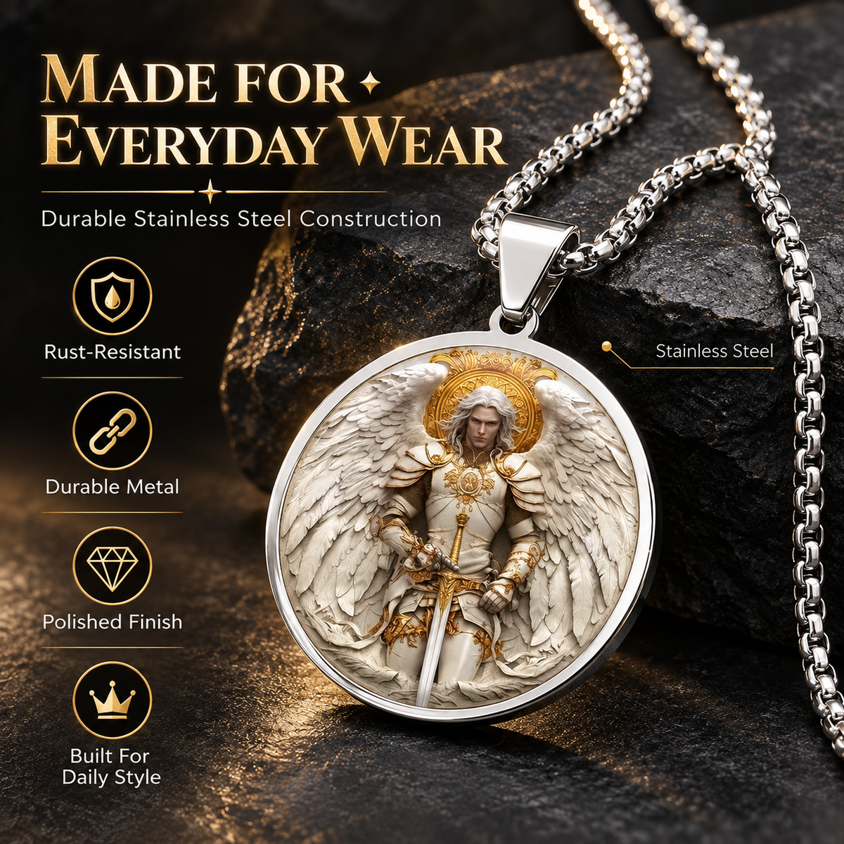 ⚔️ Angel Warrior Pendant Necklace – Stainless Steel Faith Jewelry for Men