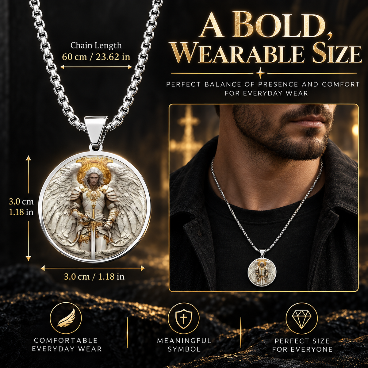 ⚔️ Angel Warrior Pendant Necklace – Stainless Steel Faith Jewelry for Men