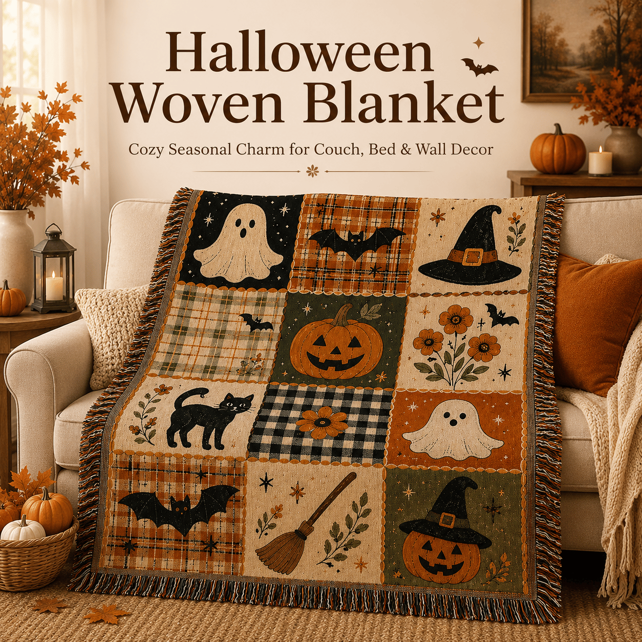 🎃 50% OFF Vintage Halloween Woven Throw 🍂 12-Tile Jacquard Blanket with Fringe