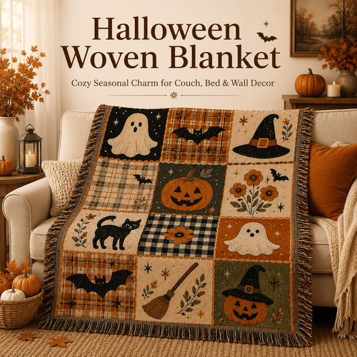 🎃 50% OFF Vintage Halloween Woven Throw 🍂 12-Tile Jacquard Blanket with Fringe
