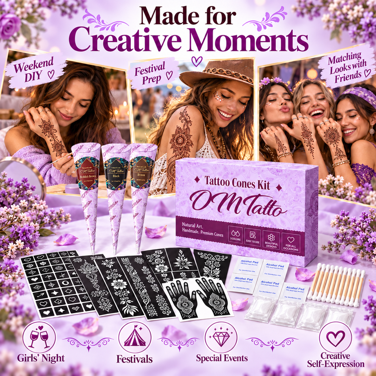 🌸 Henna Tattoo Kit with Stencils – Temporary Body Art Cones for Hands & Creative Designs ✨