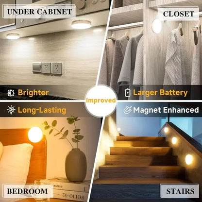 stick-on LED motion sensor lights installed under kitchen cabinets, in a closet, bedroom, and staircase.
