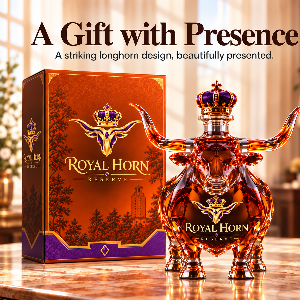 🐂 Texas Longhorn Collector’s Bottle 👑 Sculpted Display & Gift Box