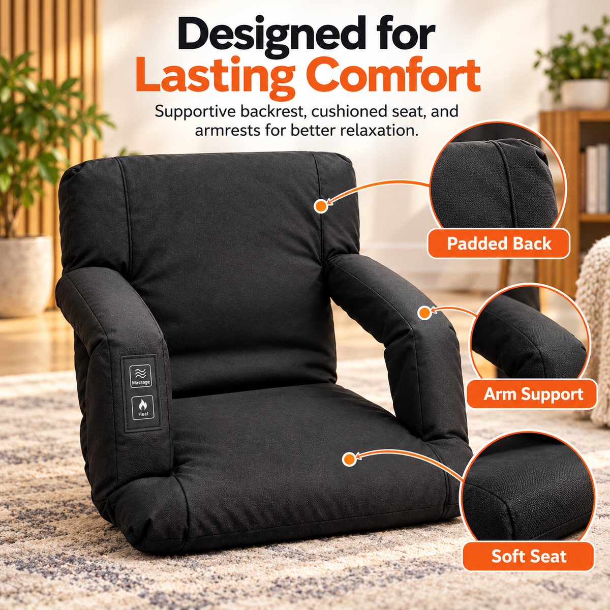 🔥 Heated Massage Portable Floor Chair with Backpack Carrying Straps & Armrests 🪑