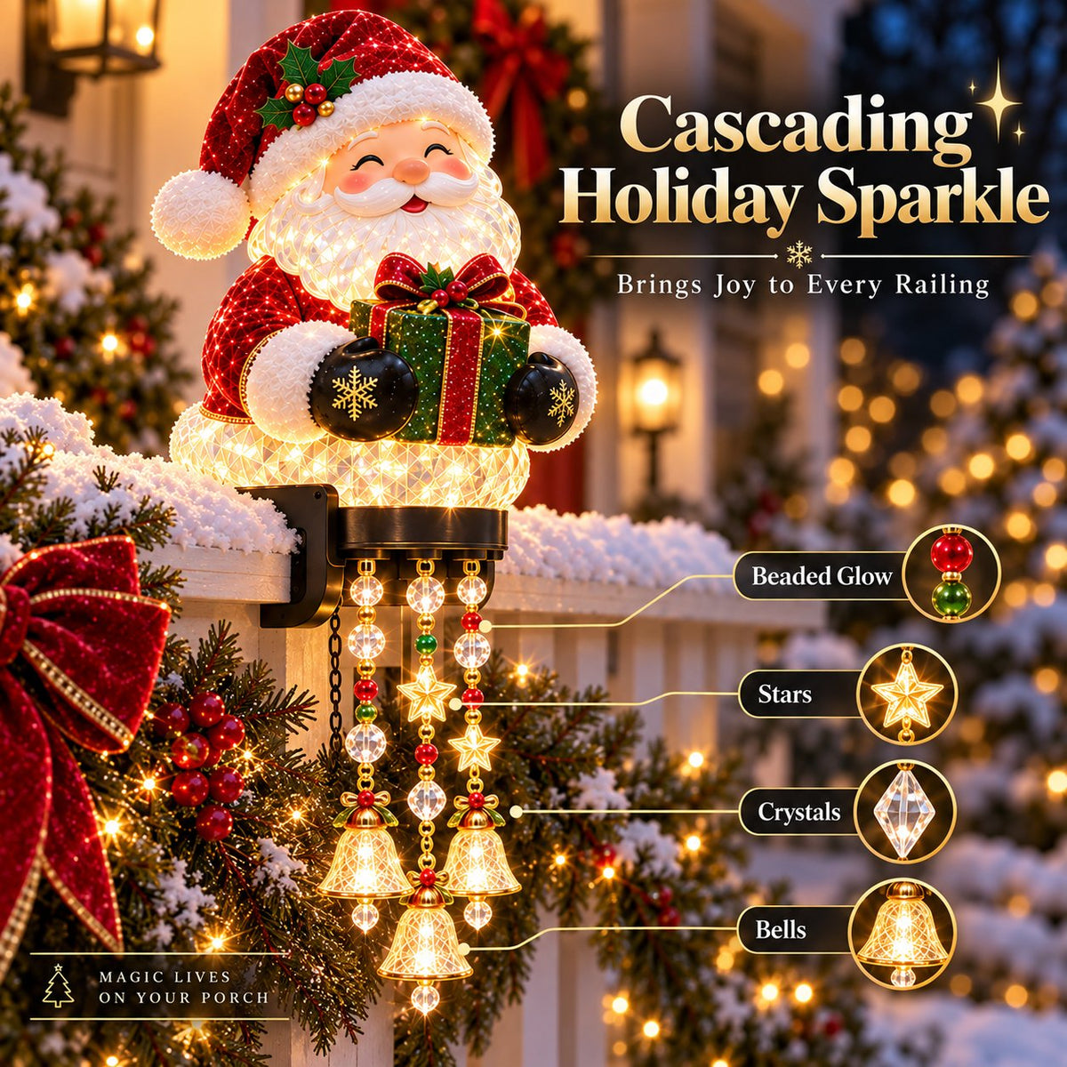 ✨ Lighted Christmas Porch Railing Hanging Characters with Cascading LED Ornaments 🎄