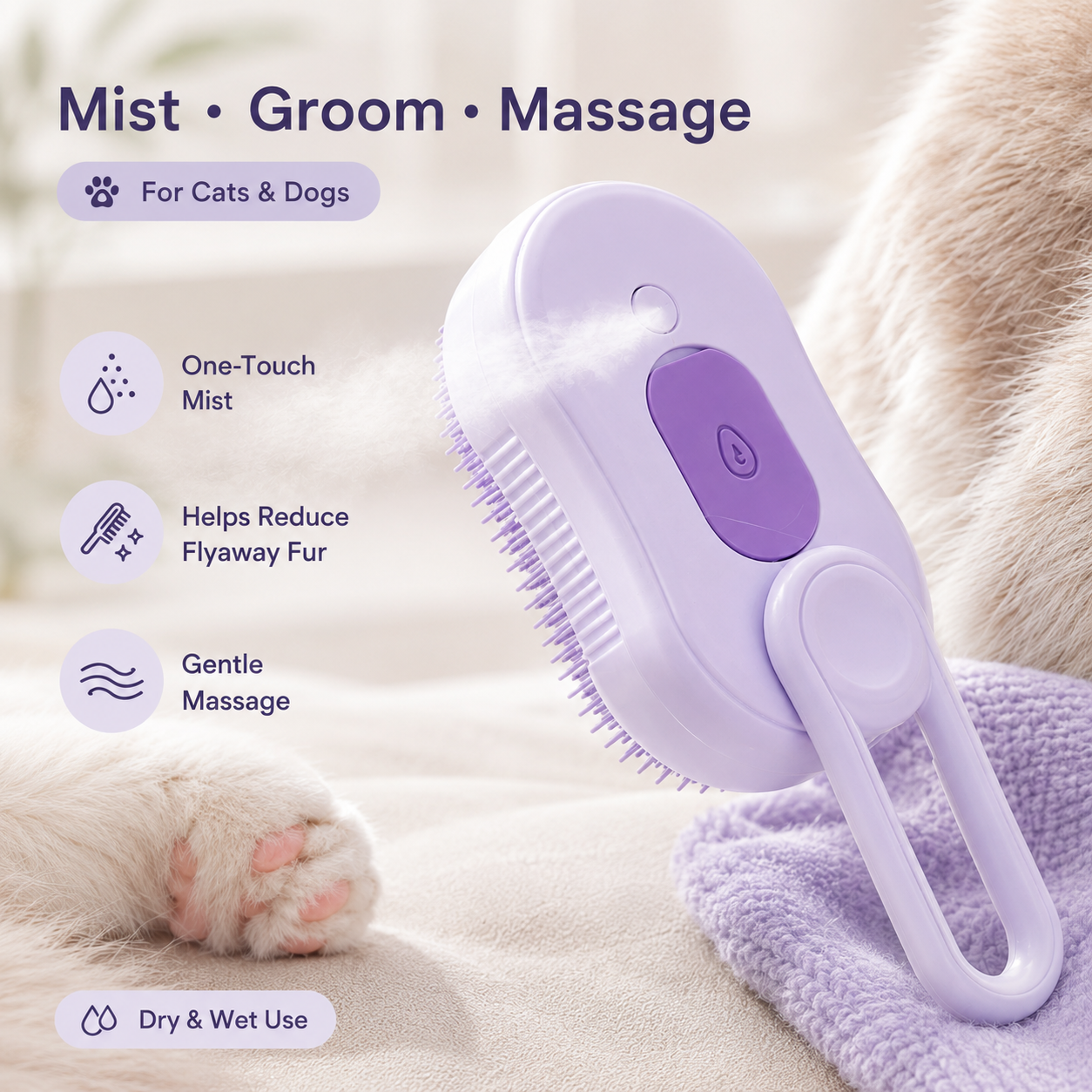Electric Pet Spray Brush for Cats & Dogs – One-Touch Mist Grooming & Massage Brush