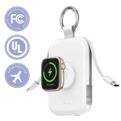 🔋5000mAh Portable Power Bank with Built-in Cables – 3-in-1 Travel Keychain Charger for iPhone, Apple Watch & AirPods, Compact Fast Charging Battery Pack