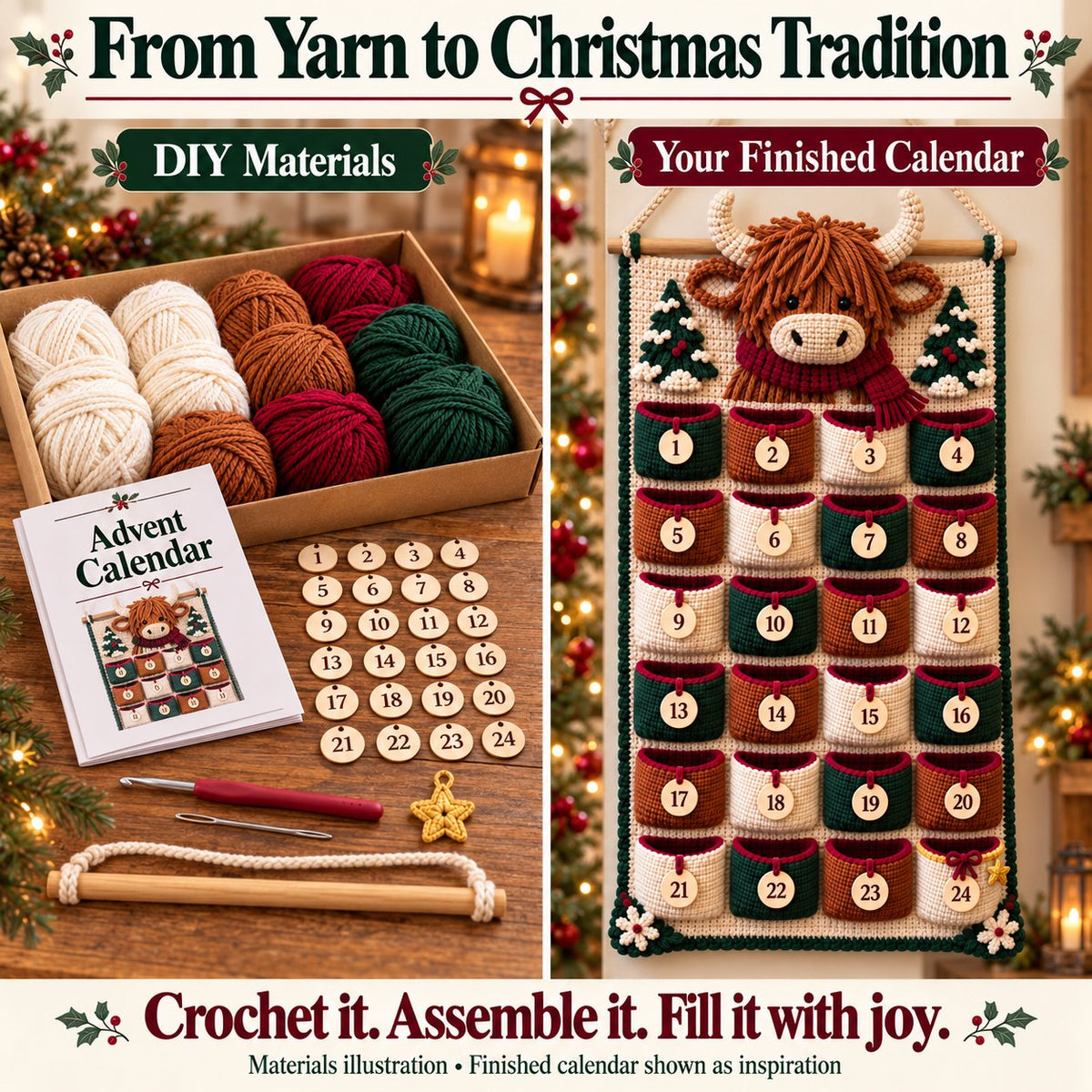 ⏳ Last Day 49% OFF – 🎄 24-Pocket DIY Christmas Crochet Advent Calendar Kit with Moveable Star Marker 🧶