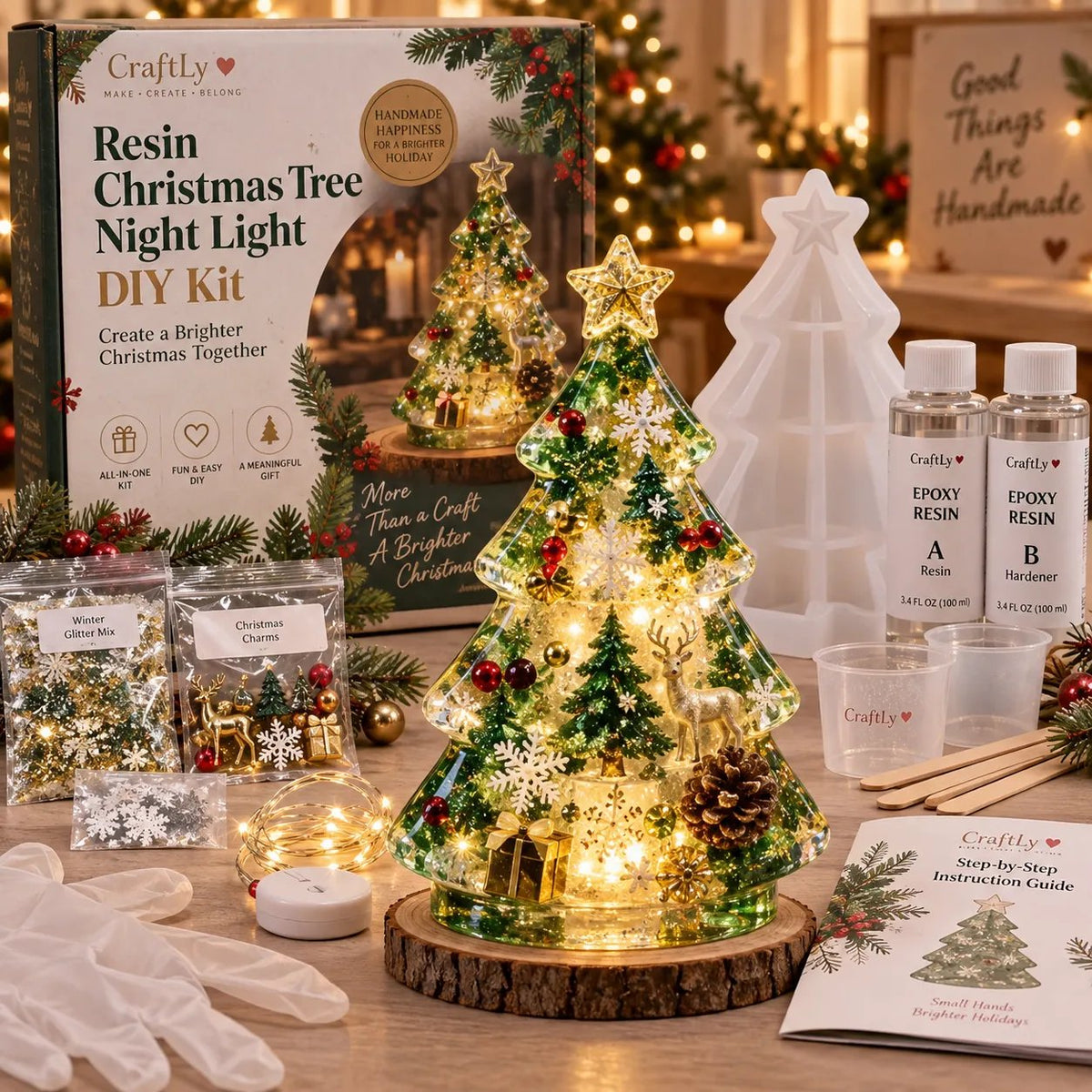 🔥HOT SALE🔥🎄 DIY Crystal Resin Christmas Tree Night Light Craft Kit with Warm Fairy Lights ❄️