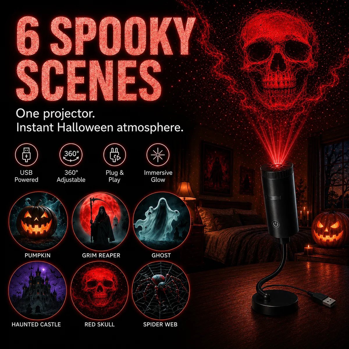 🎄👻 ✨Plug & Play HD Holiday Projector for Christmas & Halloween Decor