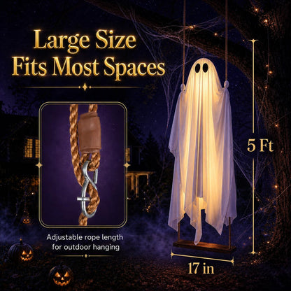 👻Halloween Decorations Outdoor - 5FT Large Hanging Ghost Swing with Remote Control