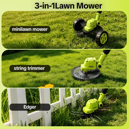 🌿 21V Cordless 3-in-1 Grass Trimmer, Edger & Mini Lawn Mower with 2 Batteries 🔋