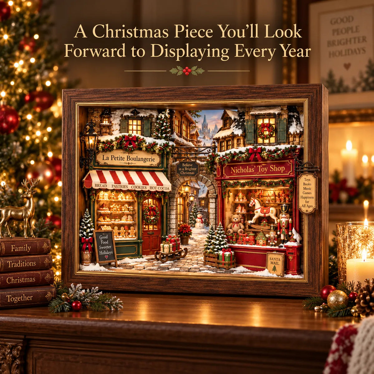 🎄 Old World Christmas 3D Wooden Shadow Box Snowy Village Holiday Keepsake Decor 🎁