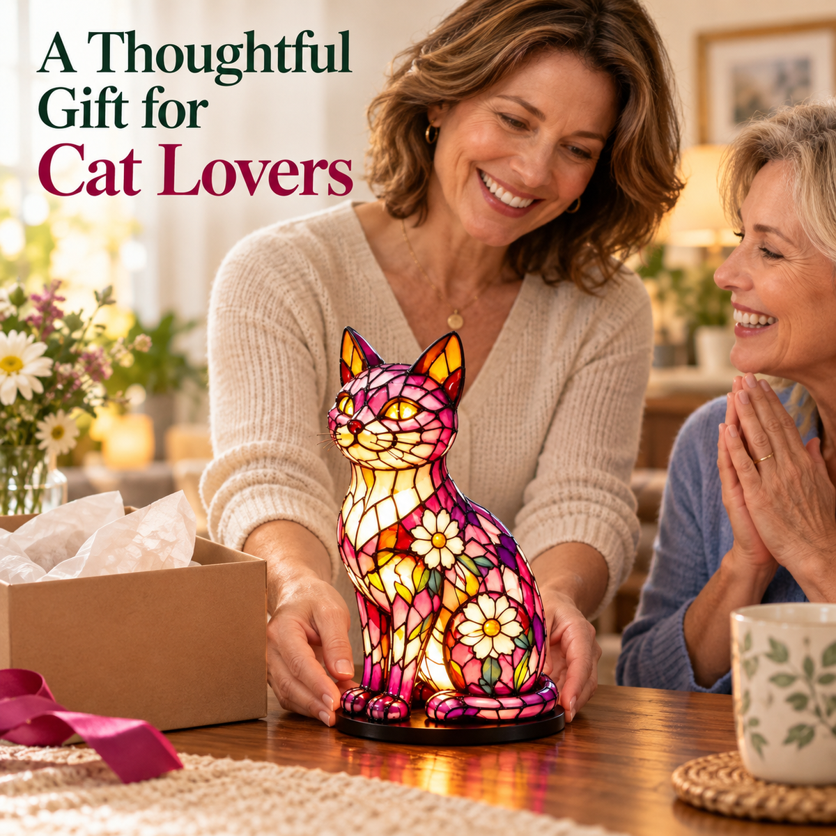 🌸🐱 Floral Mosaic Cat Lamp – A Warm Glow for Every Cat Lover’s Home