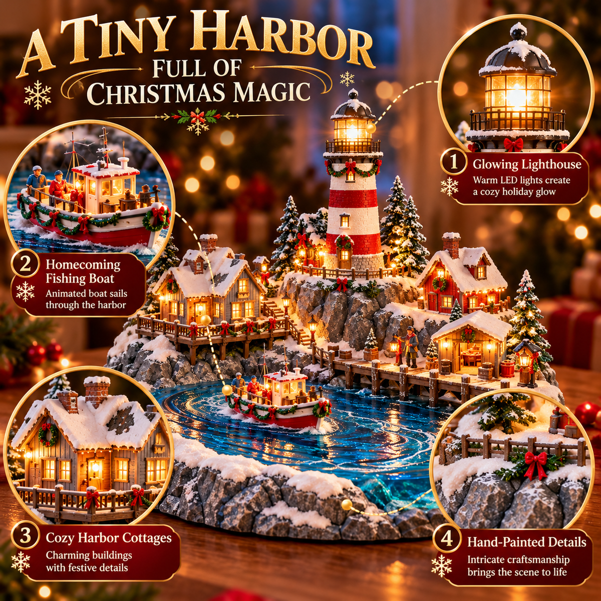 🎄 Lighted Christmas Lighthouse Village – Illuminated Coastal Holiday Decor with Snowy Cottages, Fishing Boat & Warm Christmas Glow ⚓✨