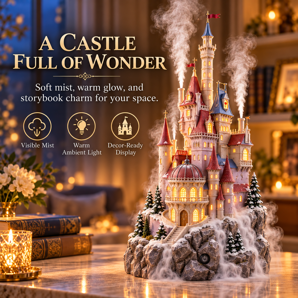 🔥 LAST DAY 49% OFF 🏰✨ Fairytale Castle Humidifier – Magical Mist & Glowing Decor