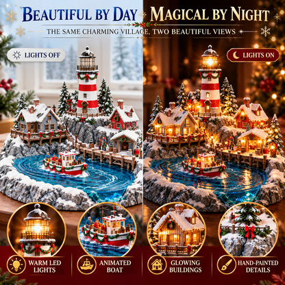 🎄 Lighted Christmas Lighthouse Village – Illuminated Coastal Holiday Decor with Snowy Cottages, Fishing Boat & Warm Christmas Glow ⚓✨