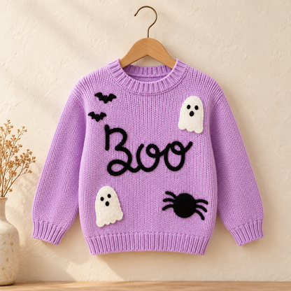 👻Kids Halloween Boo Ghost Knit Sweater – Cute Fall Pullover 🎃