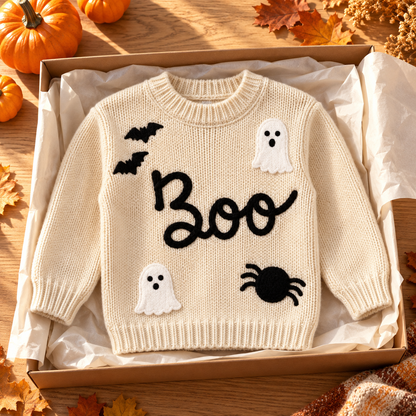 👻Kids Halloween Boo Ghost Knit Sweater – Cute Fall Pullover 🎃