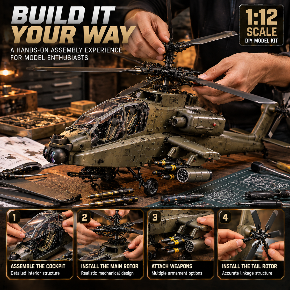 🔥🔥LAST DAY 49% OFF🚁Apache Attack Helicopter Model Kit – Build Your Own Military Aviation Legend
