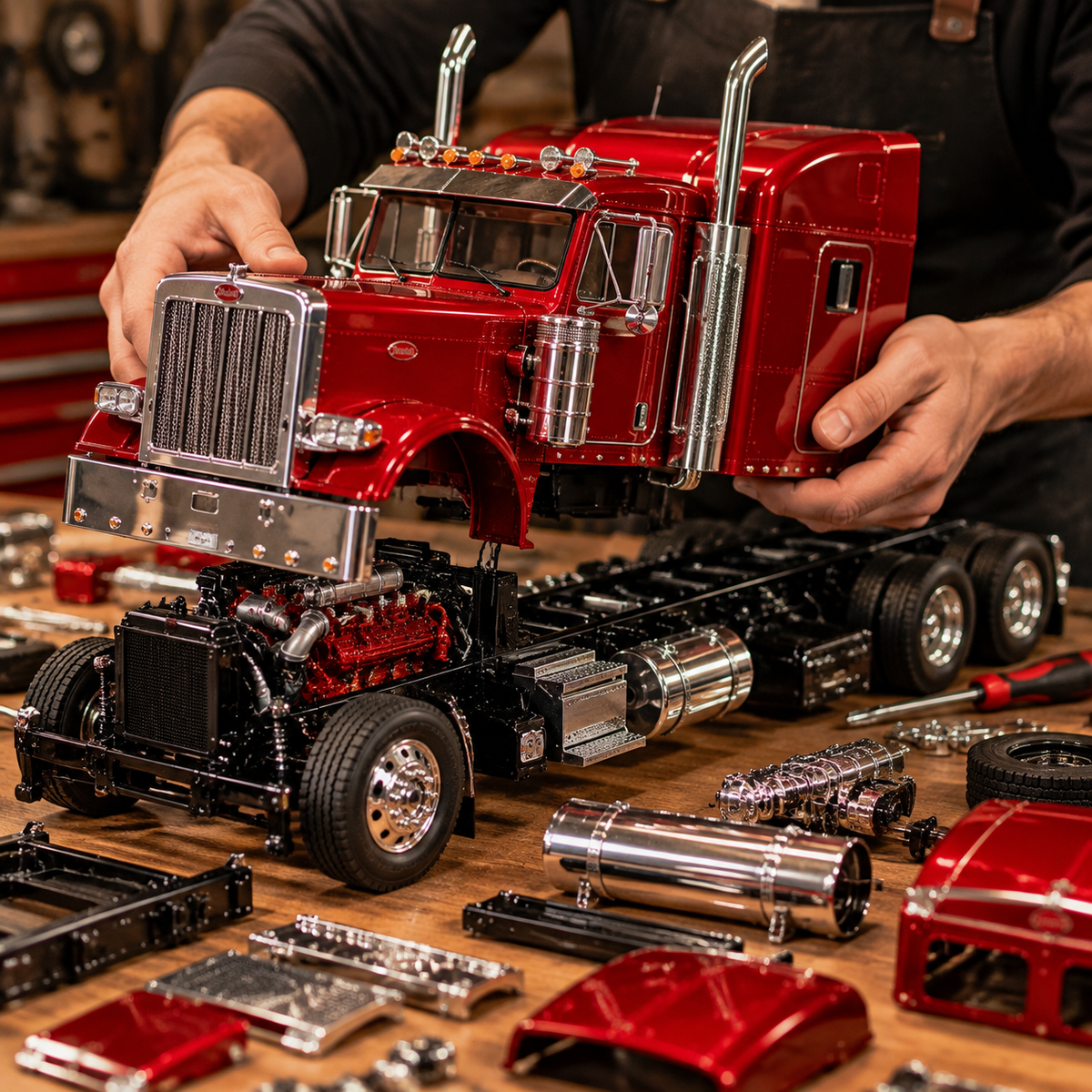 🔥 LAST DAY 49% OFF 🚛 Candy Apple Red Semi Truck Model Kit – Build an American Classic