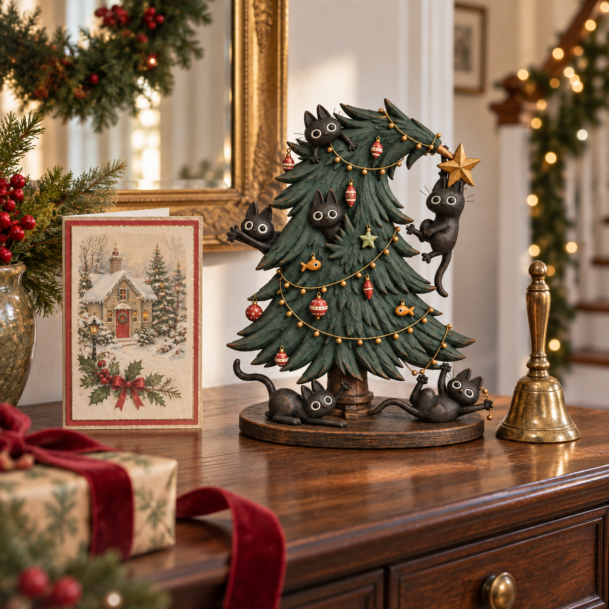 🐈‍⬛🎄 Mischievous Black Cat Christmas Tree Figurine