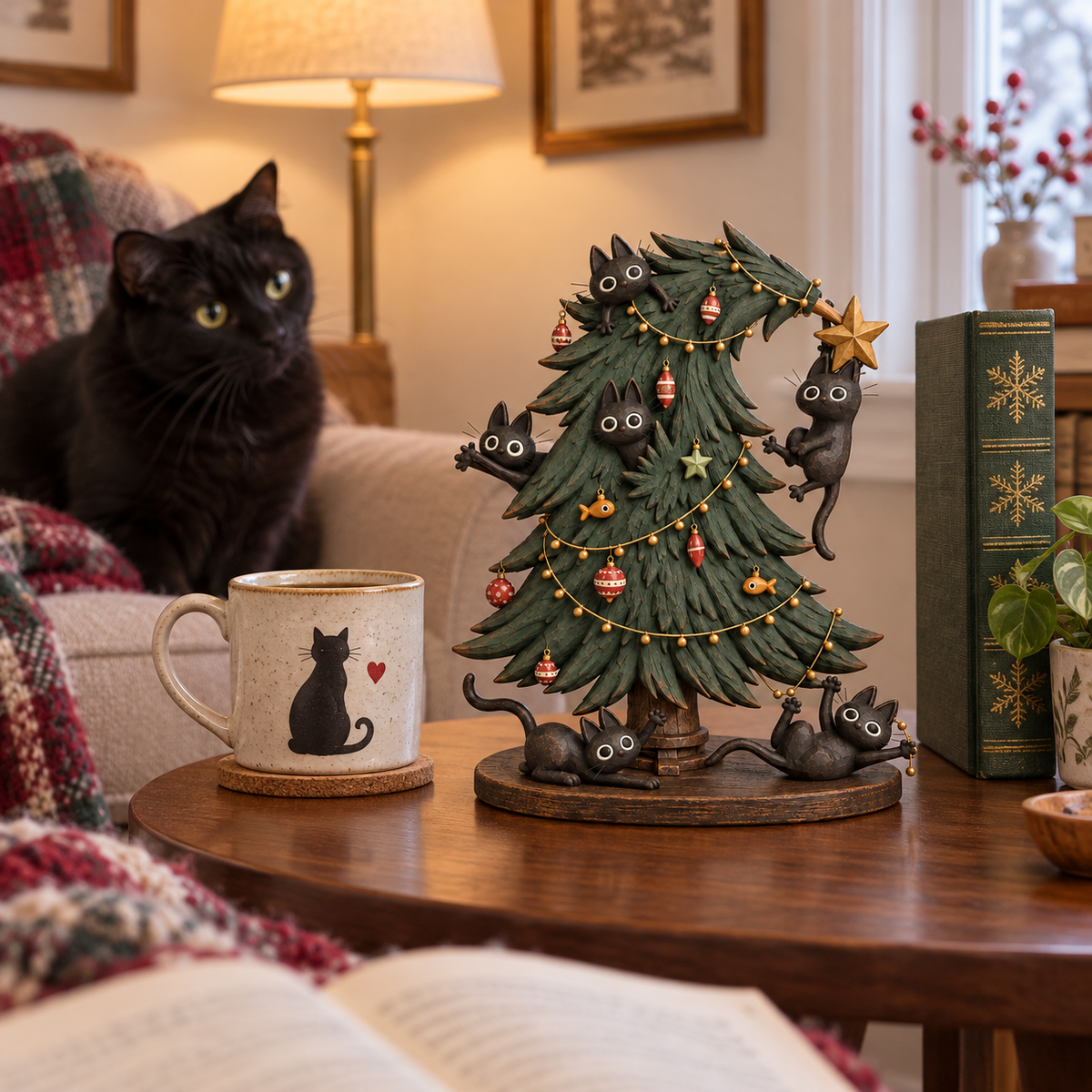 🐈‍⬛🎄 Mischievous Black Cat Christmas Tree Figurine