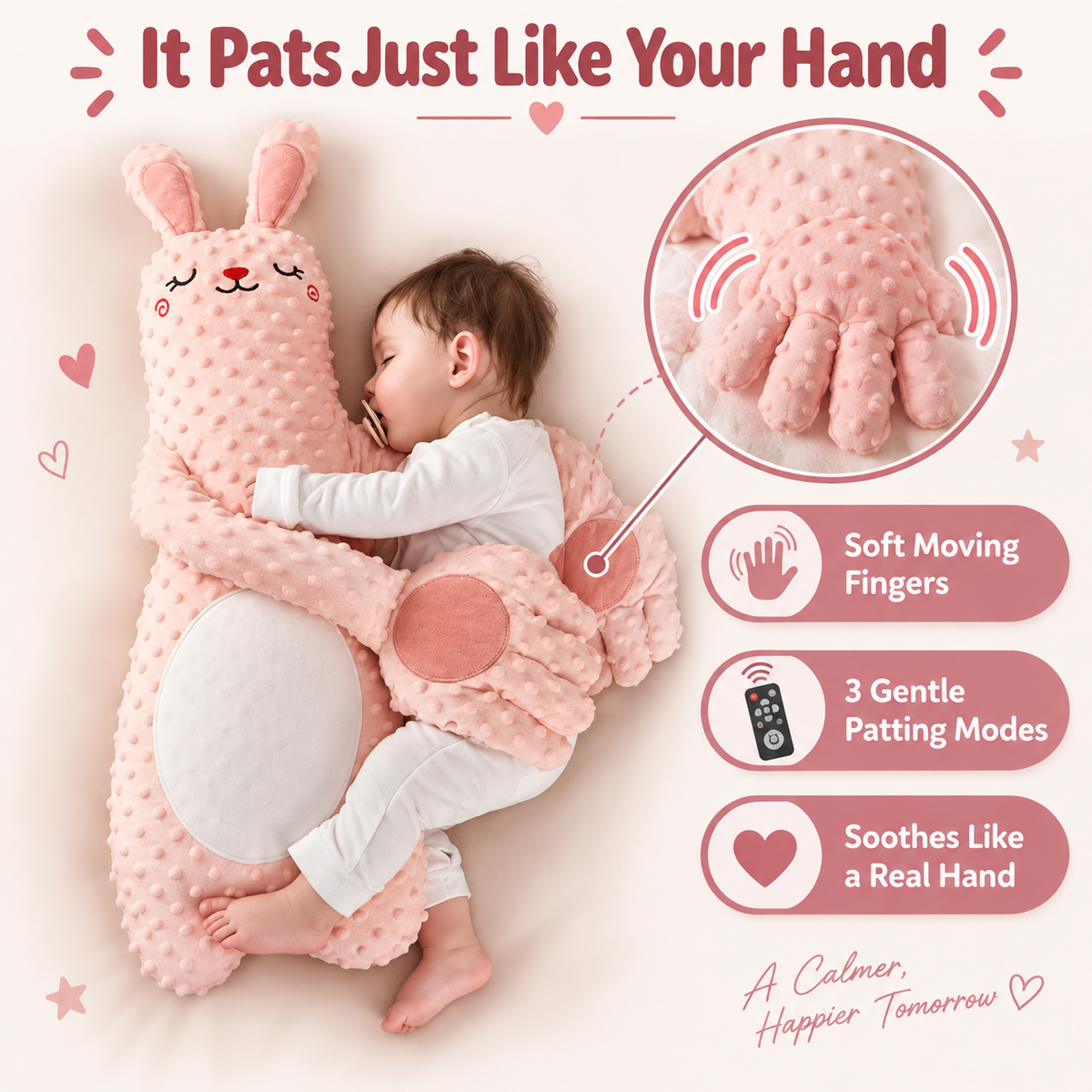 💗 Long-Arm Patting Plush Companion – 3 Gentle Modes & Remote Control