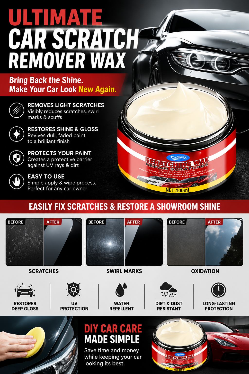 🚗 Ultimate Car Scratch Remover Wax – Reduce Scratches & Restore Showroom Shine ✨