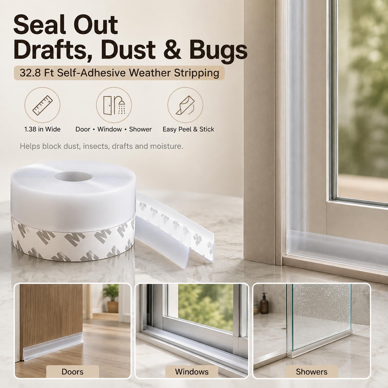 🔥 50% OFF 2-Pack 32.8FT Self-Adhesive Weather Strips 🏠 Seal Door, Window & Shower Gaps