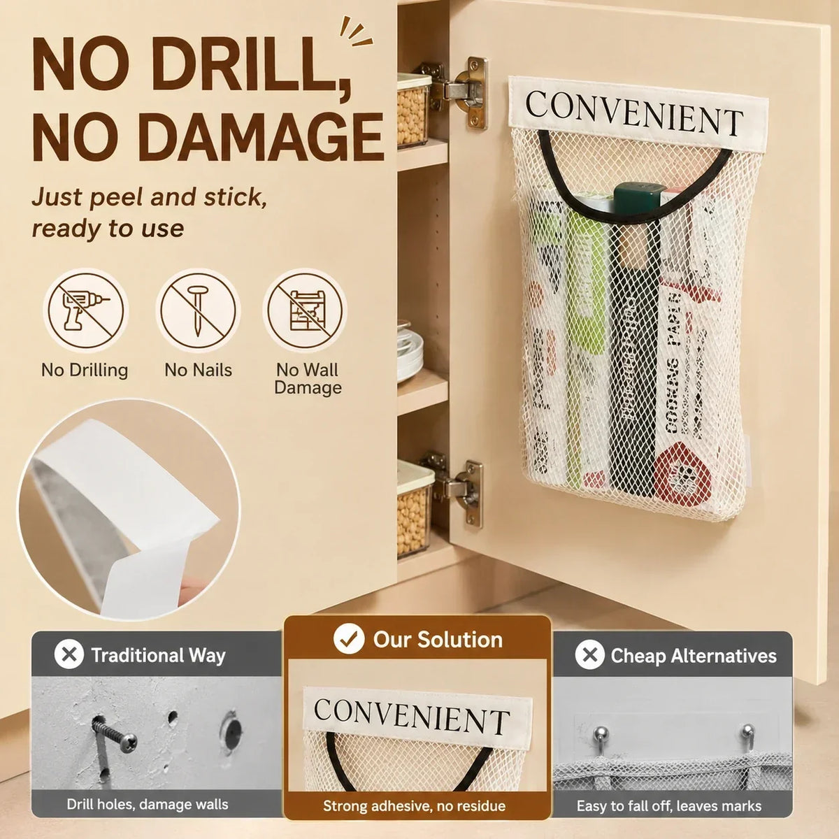 🔥LAST DAY 49% OFF - No-Drill Hanging Mesh Storage Bag | Adhesive Wall Organizer