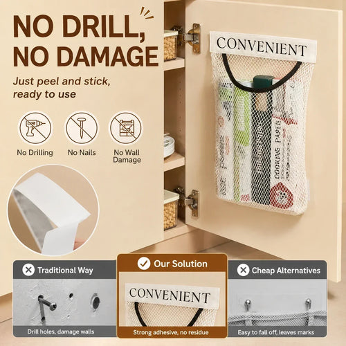 🔥LAST DAY 49% OFF - No-Drill Hanging Mesh Storage Bag | Adhesive Wall Organizer