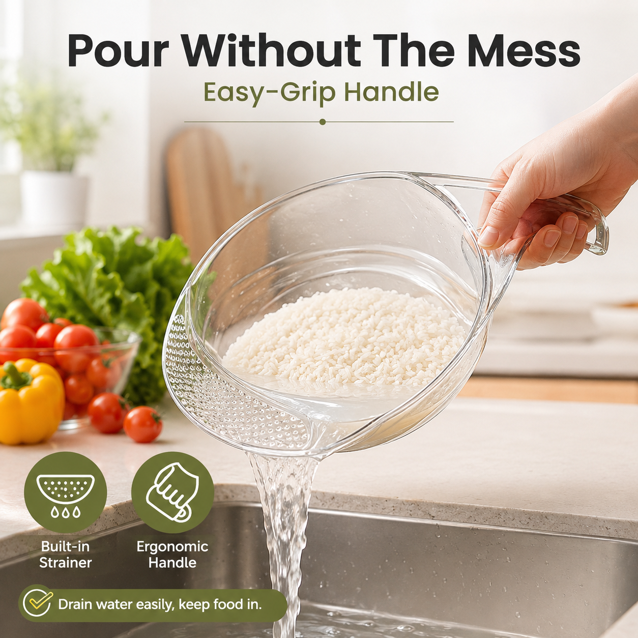 🍚 50% OFF Aesthetic Multifunctional Rice Strainer ✨ Rinse, Drain & Pour with Ease