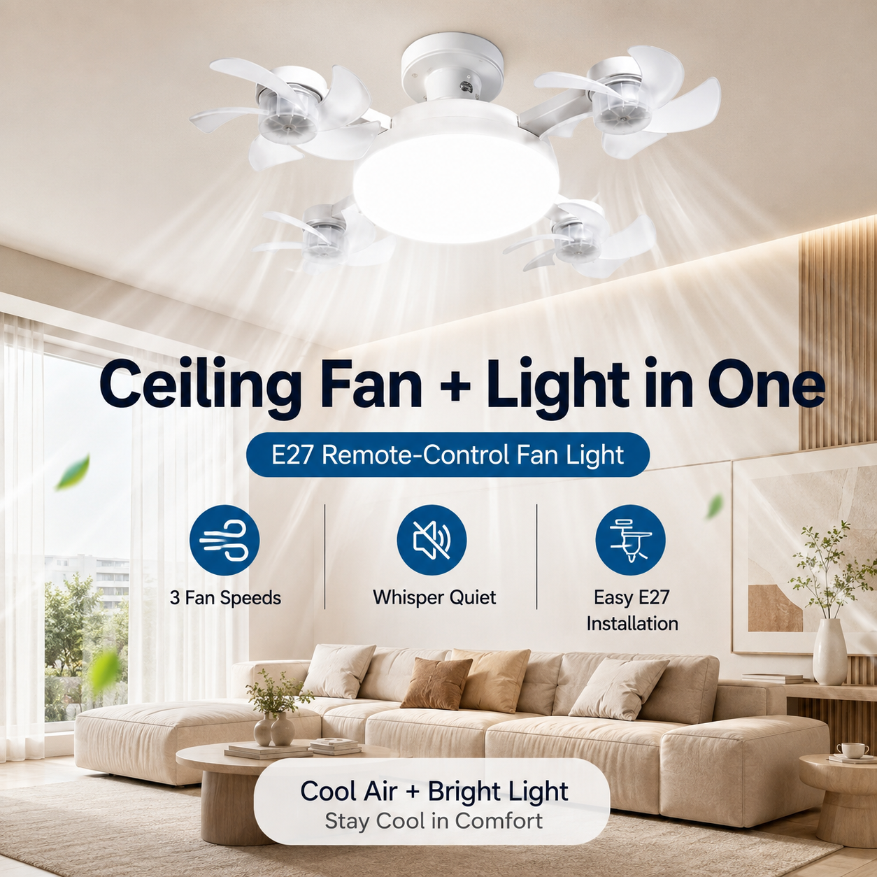 🔥 48% OFF New E27 Socket Ceiling Fan Light - 2-in-1 Silent LED Fan with Remote Control