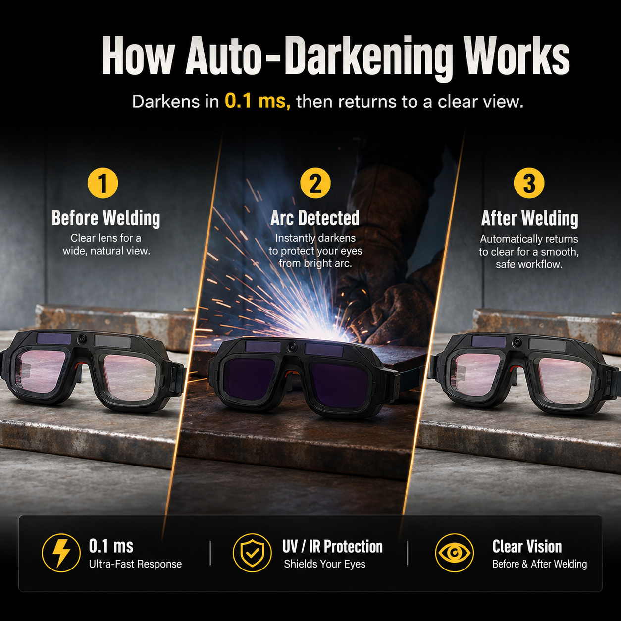 🔥 50% OFF Auto Darkening Welding Glasses ✨ Smart Eye Protection With True Color Vision & Instant Lens Response
