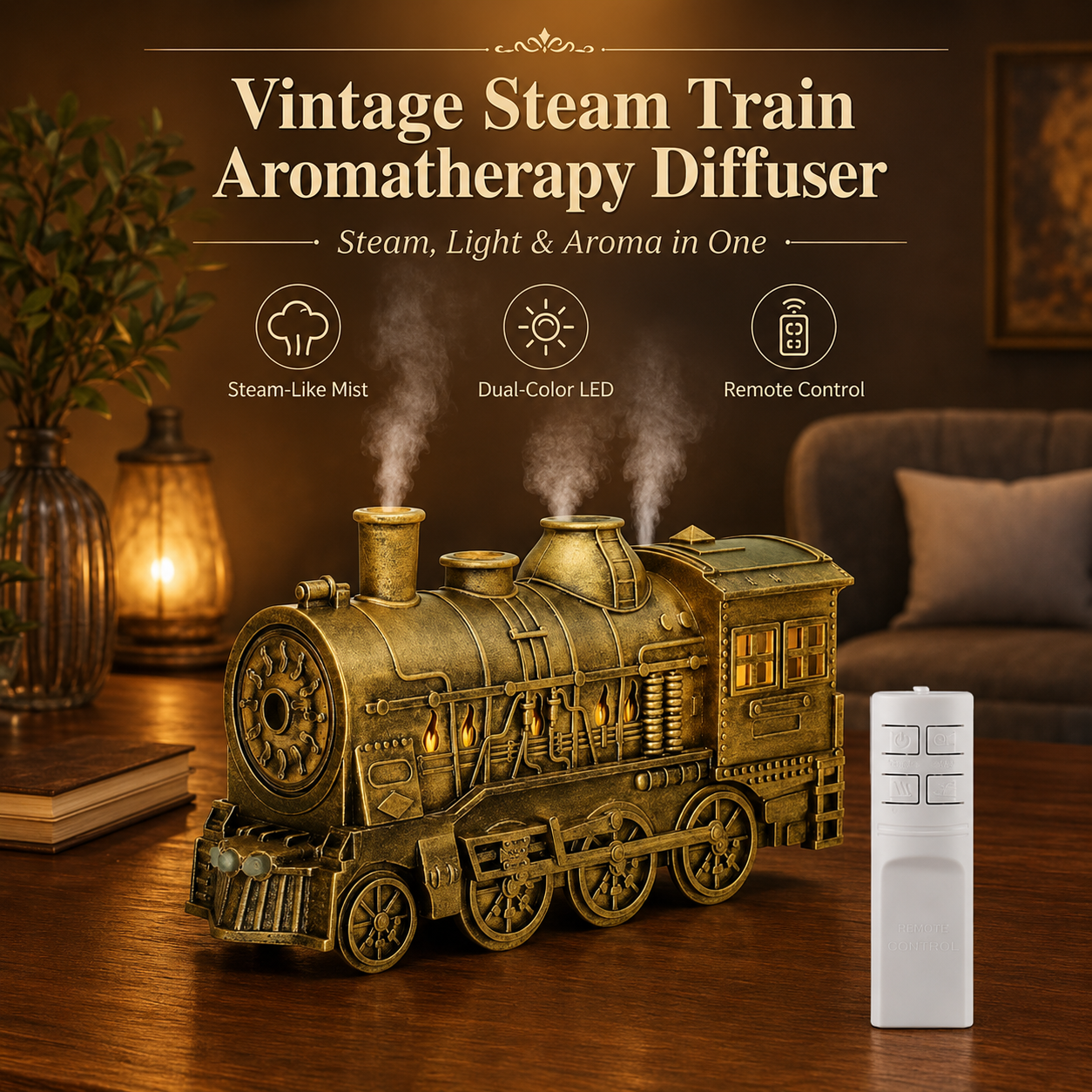 🔥 50% OFF TODAY 🚂 Vintage Steam Train Aromatherapy Diffuser with LED Mood Light ✨