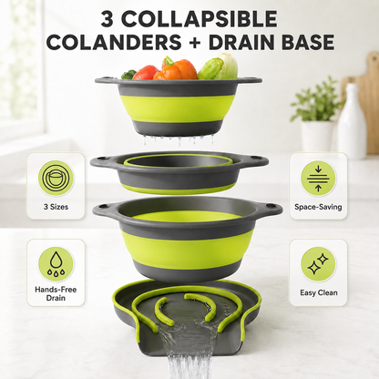 ⚡ 50% OFF 3-Piece Collapsible Colanders with Drainage Base 💧 Rinse, Drain & Store With Ease