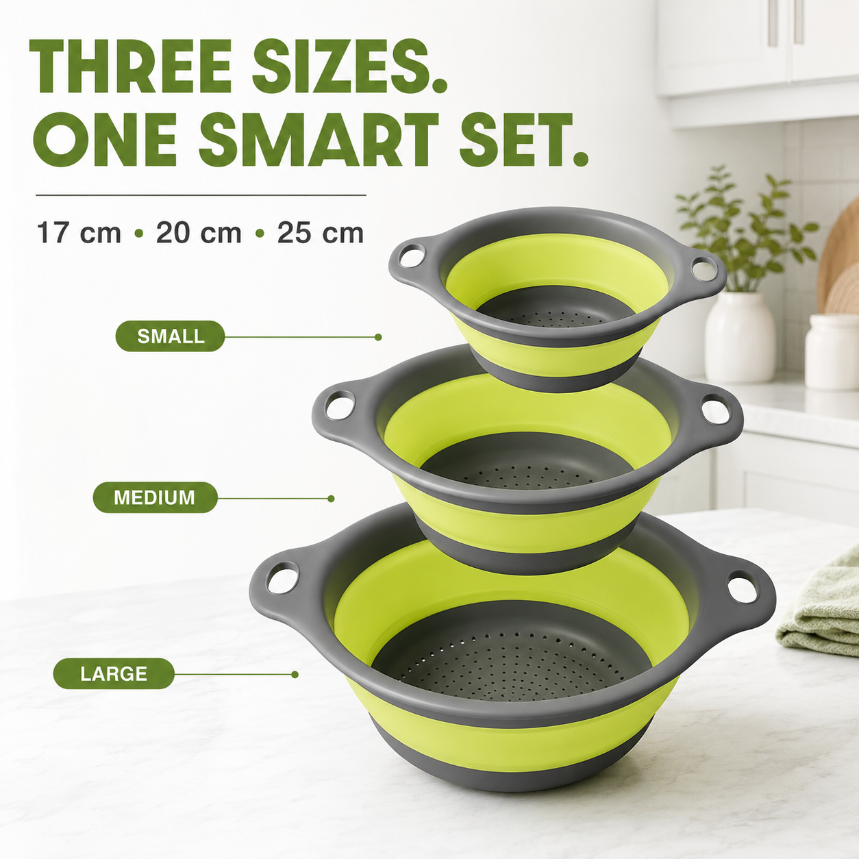 ⚡ 50% OFF 3-Piece Collapsible Colanders with Drainage Base 💧 Rinse, Drain & Store With Ease